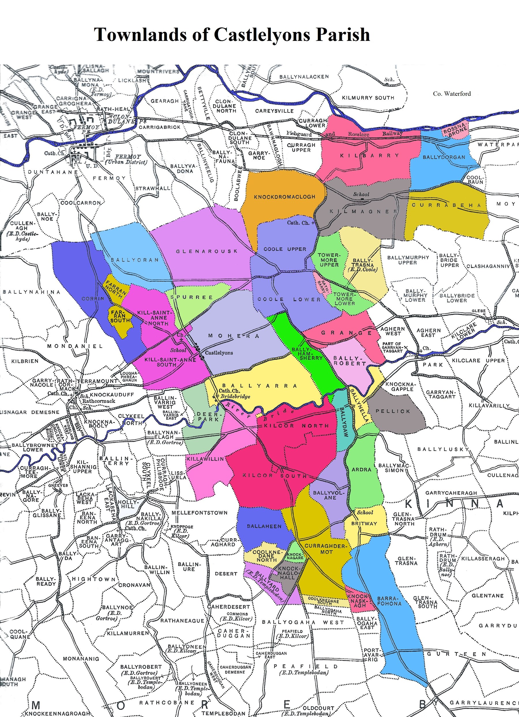 Map showing the townlands of Castlelyons Parish and surrounding areas.